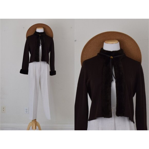Vintage‎ 90s Chocolate Brown Crop Acrylic/Wool Cardigan size M - Picture 1 of 10